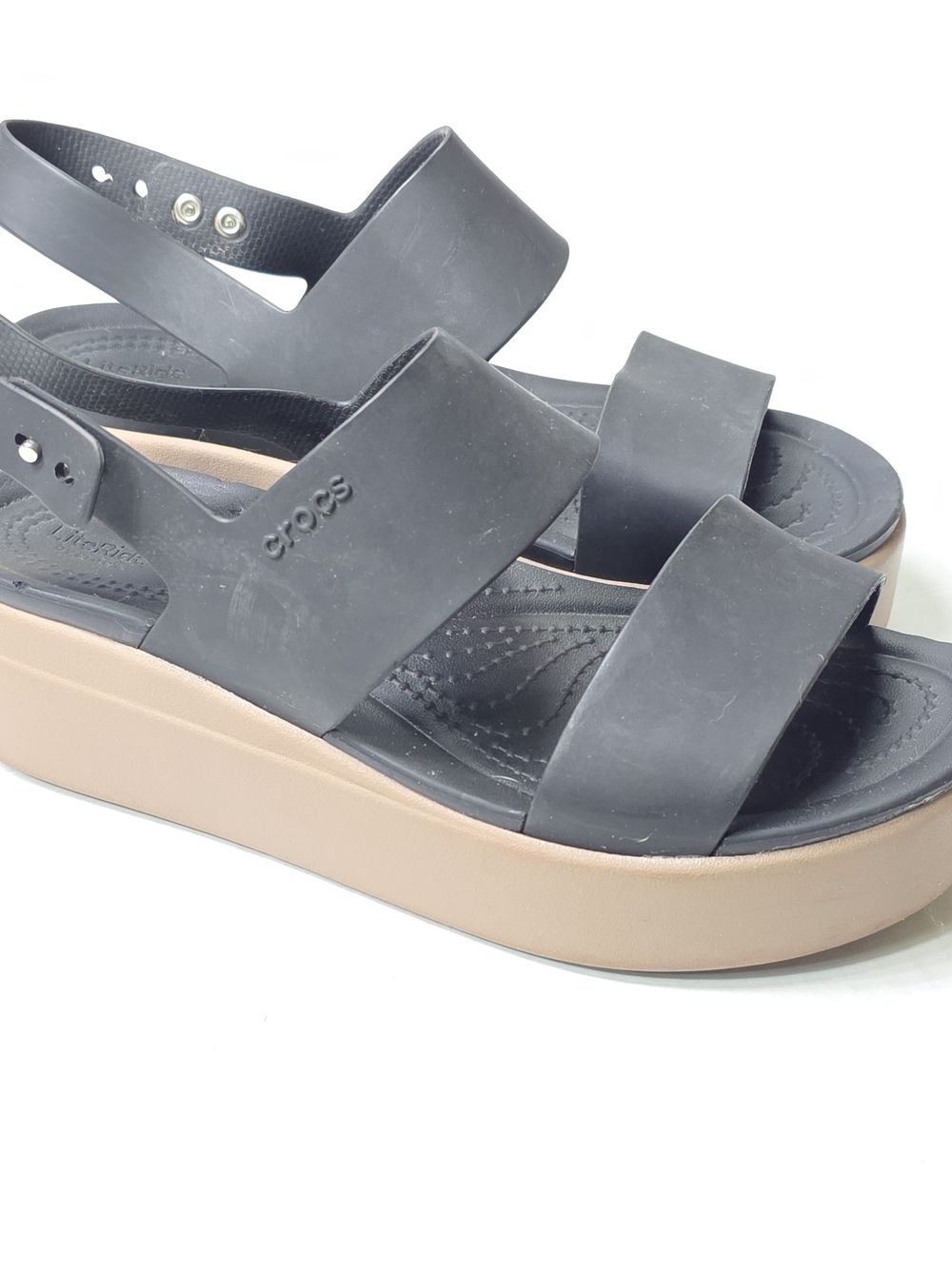 CROCS Black Sandal with Tan Platform Sole - Picture 2 of 4